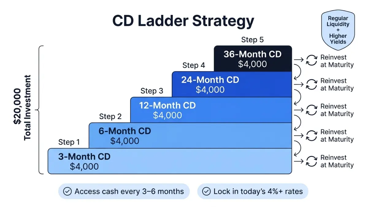 CD ladder strategy diagram showing staggered maturity investments using a CD Calculator