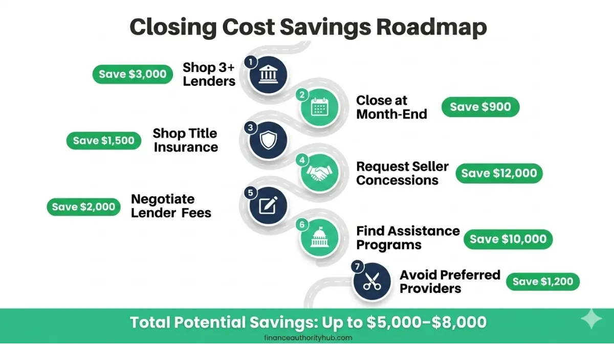 Closing Cost Calculator savings roadmap showing seven strategies to reduce closing costs when buying a home