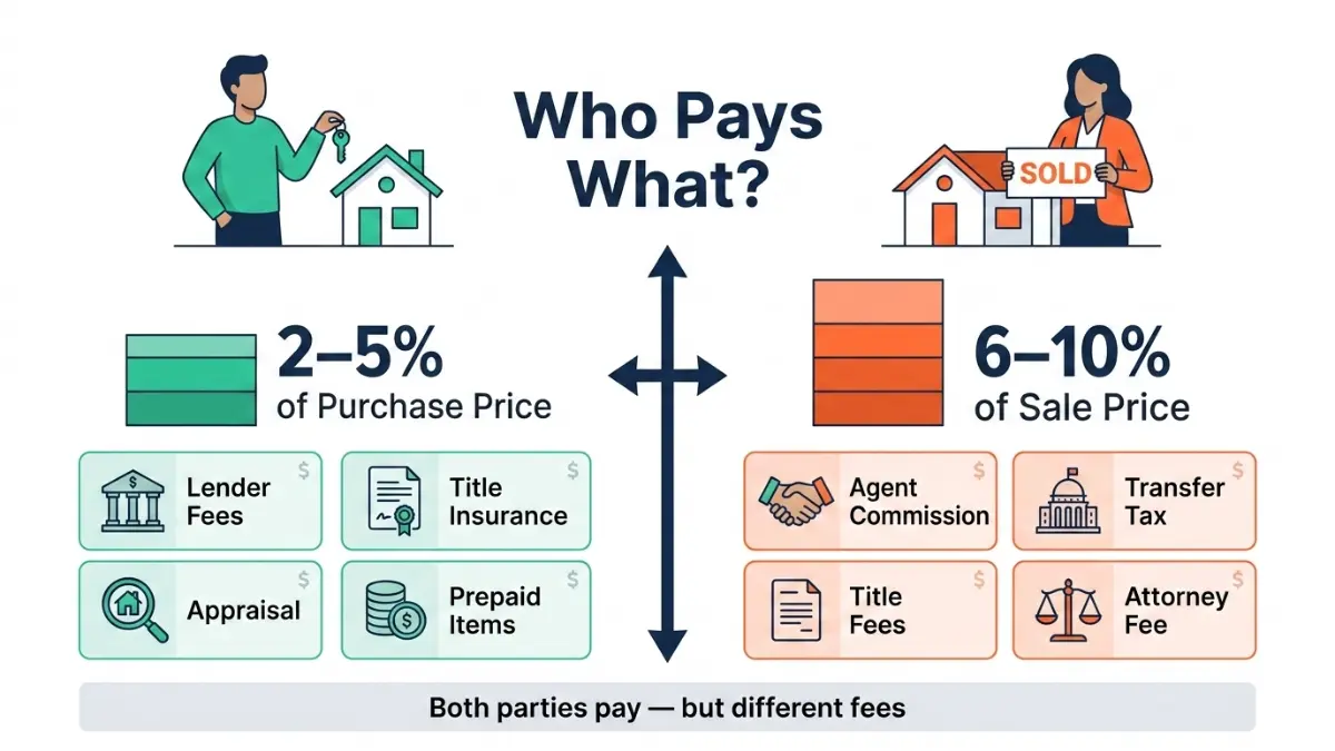 Closing Cost Calculator visual comparing buyer vs seller closing costs in a real estate transaction