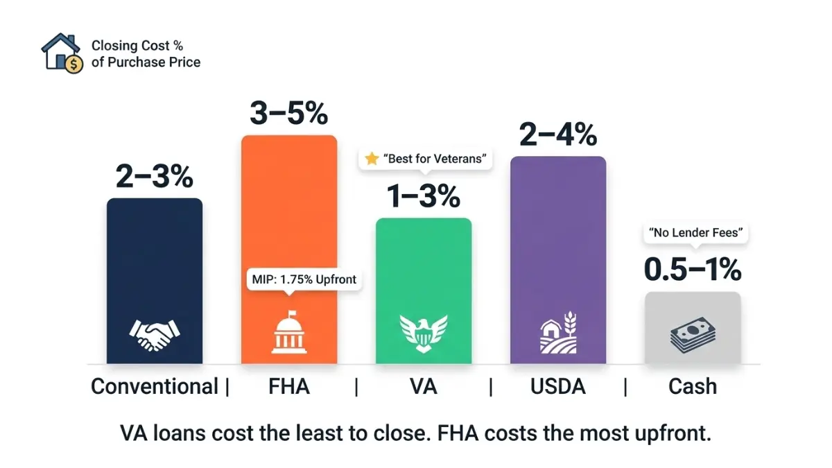 Closing Cost Calculator comparison chart showing closing cost percentages for Conventional FHA VA USDA and Cash home loans