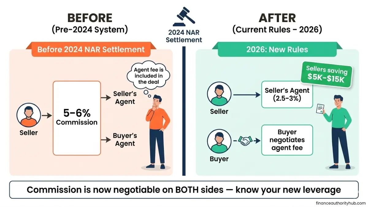 Closing Cost Calculator infographic explaining how the 2024 NAR settlement changed real estate commissions and closing costs