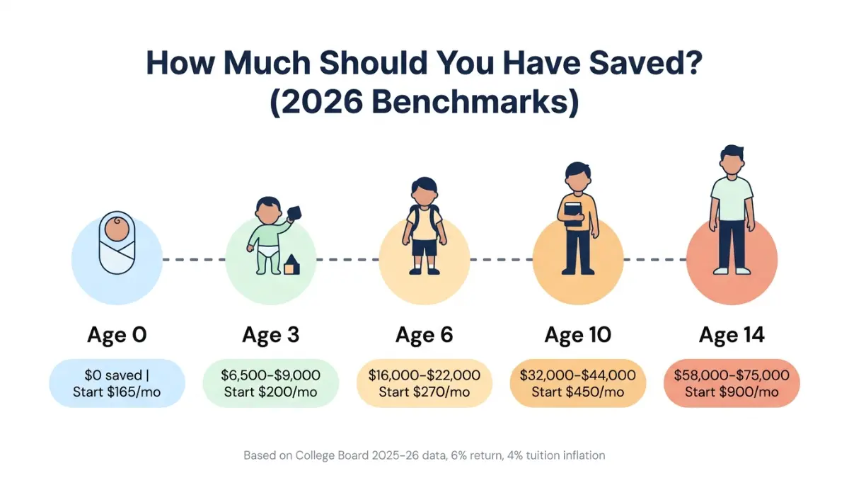 College Savings Calculator age benchmarks timeline showing how much to save from birth to age 14