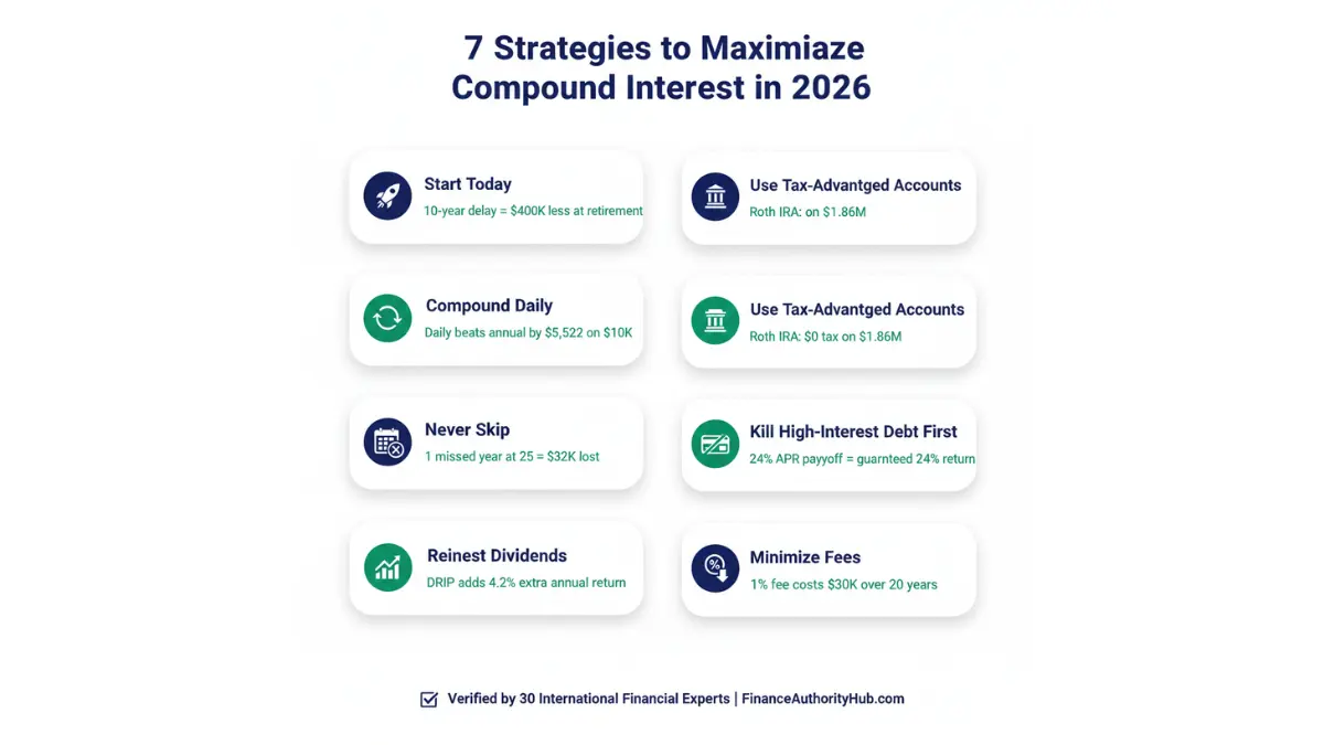compound interest calculator strategies infographic showing seven ways to maximize compound growth and reduce losses