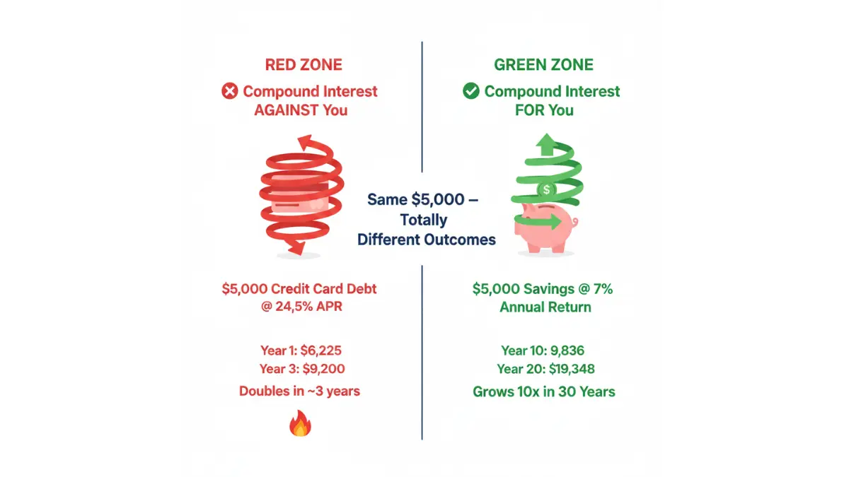 compound interest calculator comparison showing credit card debt at 24.5 percent versus savings growth at 7 percent annual return