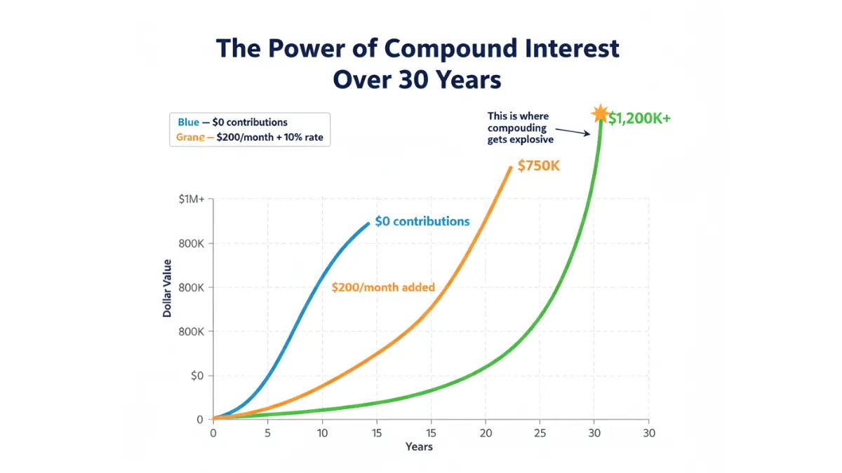 compound interest calculator exponential growth chart comparing zero contributions 200 per month and 500 per month over 30 years