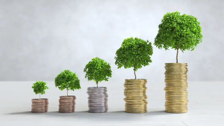 compound interest calculator concept showing stacked coins growing with small trees symbolizing exponential wealth growth