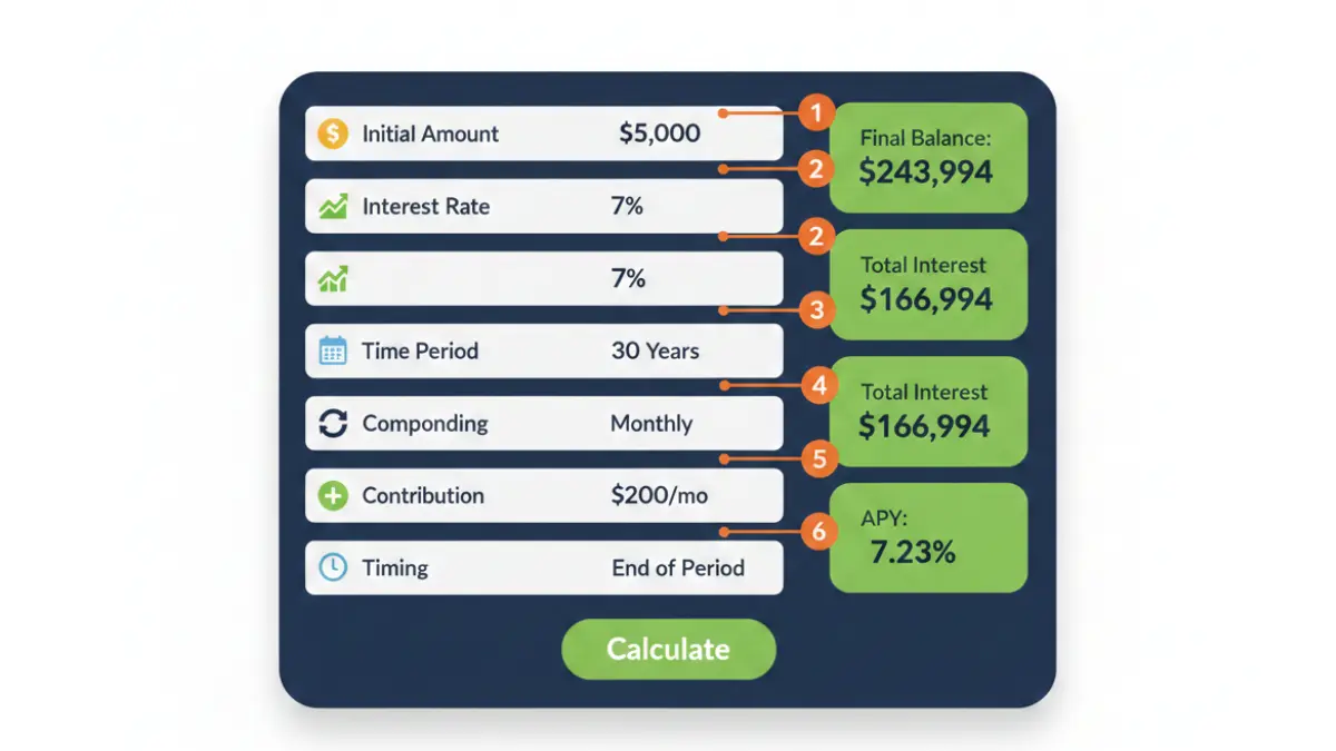 compound interest calculator interface mockup showing initial amount interest rate time period compounding contribution and final balance results