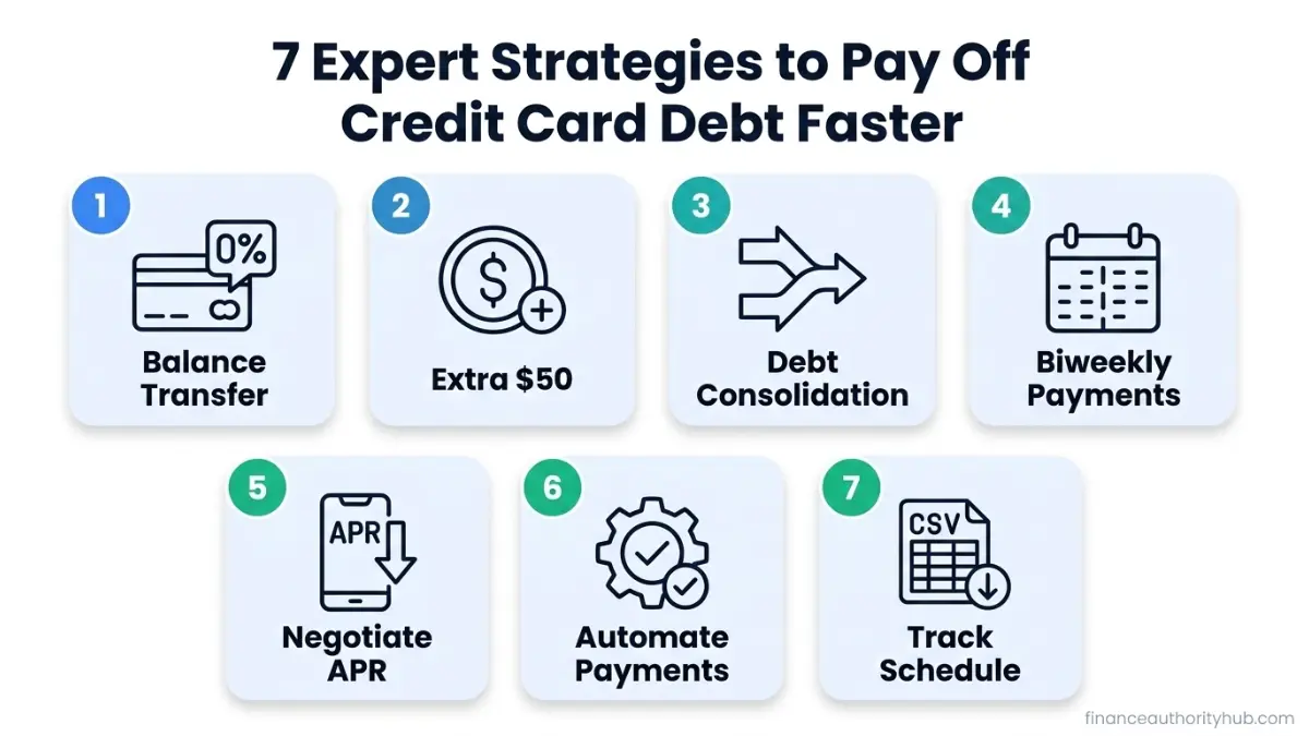 Credit Card Payoff Calculator infographic showing seven expert strategies to pay off credit card debt faster