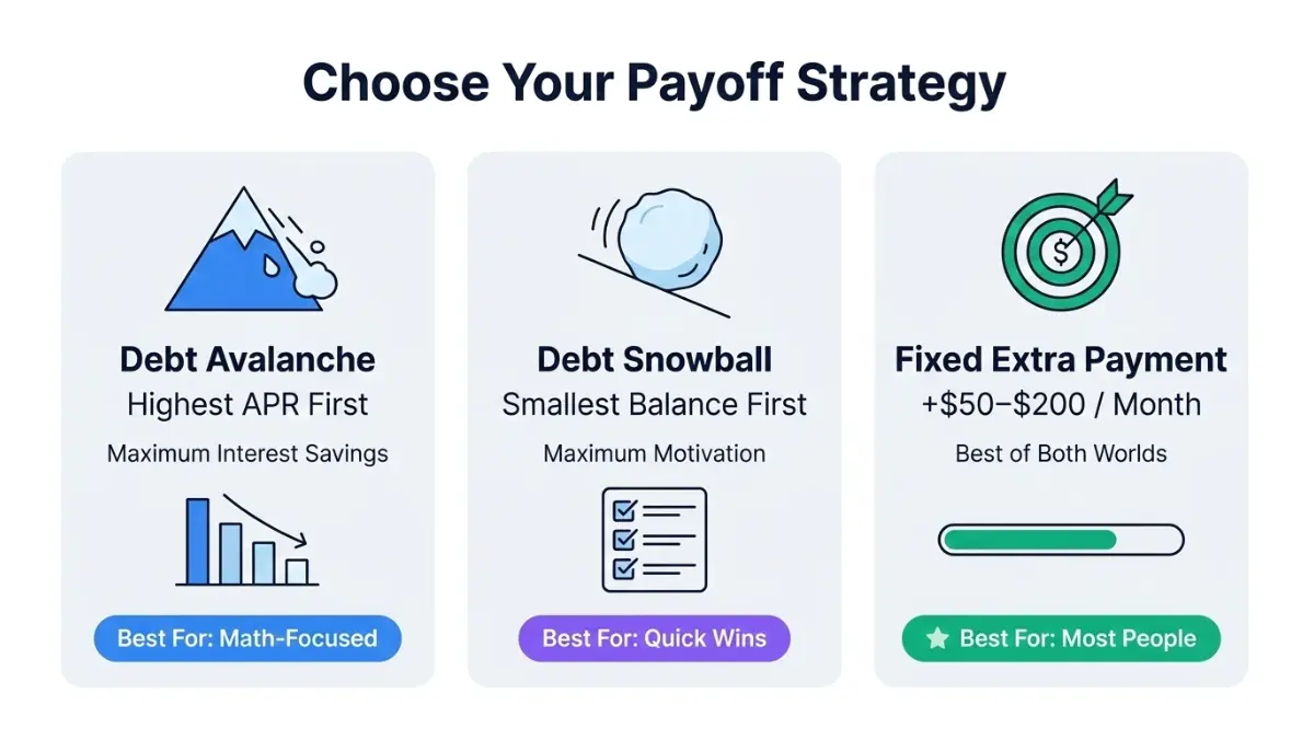 Credit Card Payoff Calculator strategy comparison showing debt avalanche, debt snowball, and fixed extra payment methods