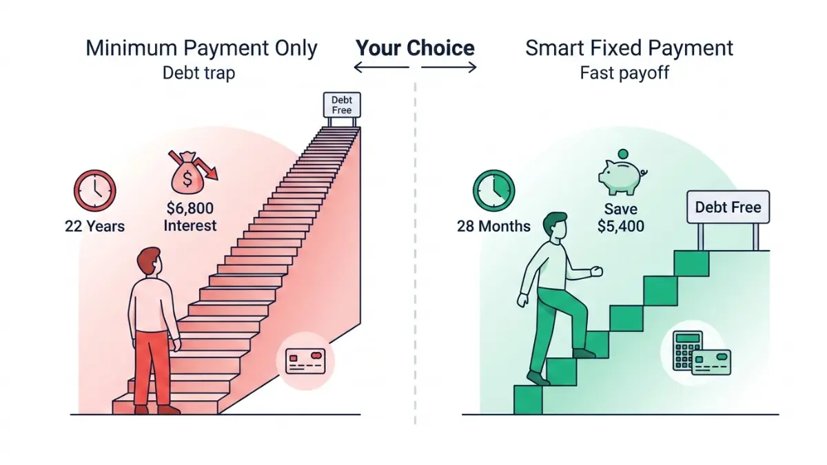 Credit Card Payoff Calculator comparison showing minimum payment vs fixed payment strategy and debt-free timeline difference