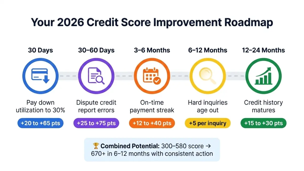 Credit Score Calculator roadmap showing timeline to improve credit score from poor to good with utilization payments disputes and credit history growth