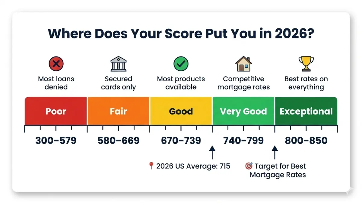 Credit Score Calculator chart showing credit score ranges from poor to exceptional and what financial products each tier unlocks
