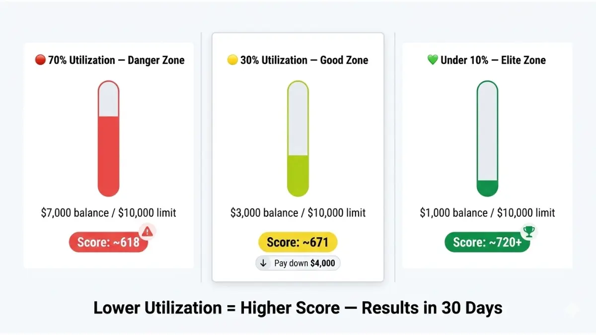 Credit Score Calculator example showing how credit utilization from 70 percent to under 10 percent affects credit score ranges