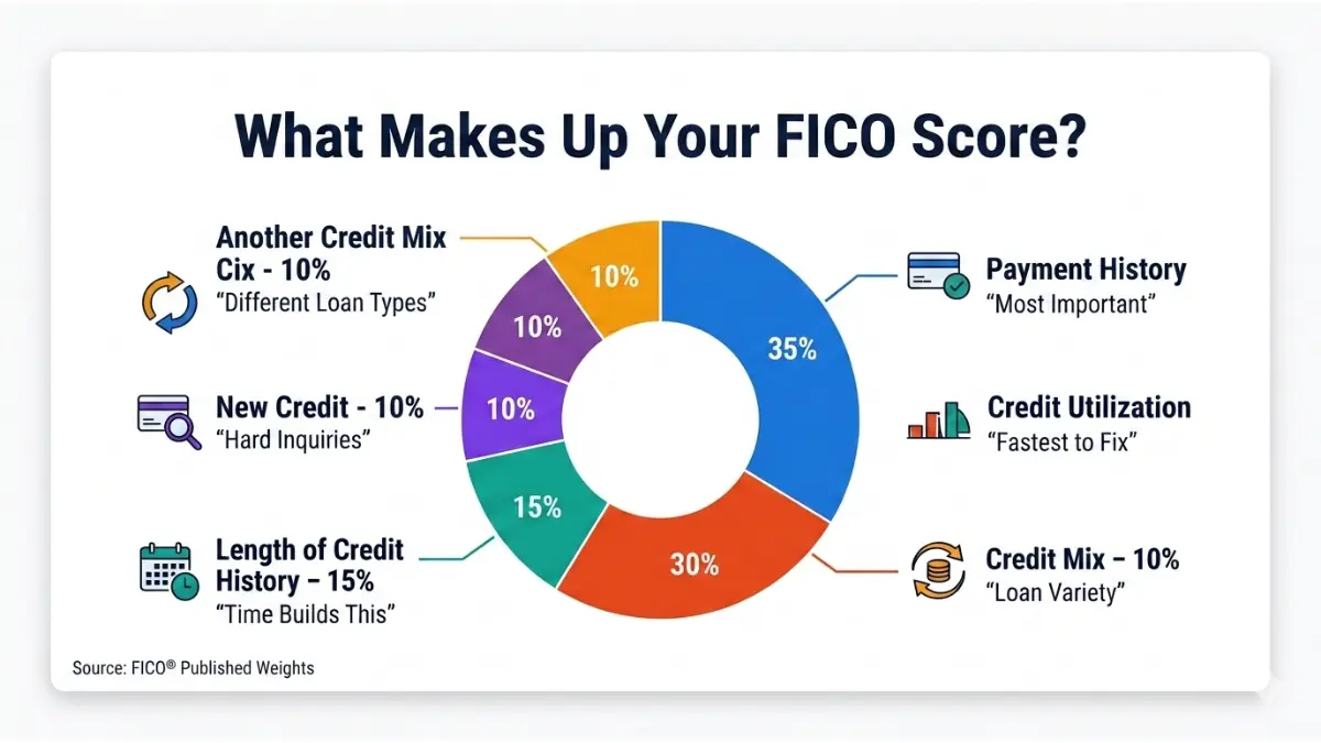 Credit Score Calculator showing FICO score components breakdown including payment history credit utilization credit history length new credit and credit mix