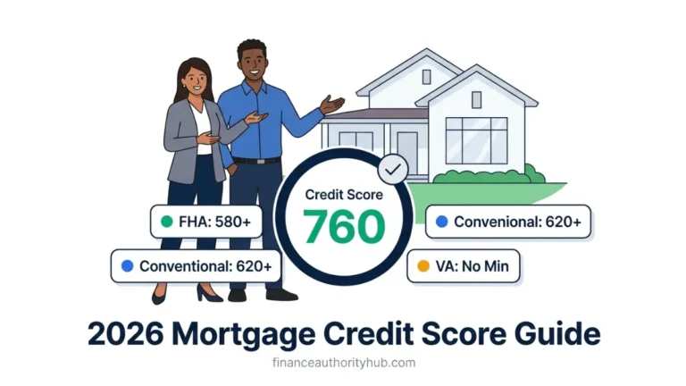 Credit Score needed to buy a house in 2026 showing 760 score with FHA 580, conventional 620 and VA loan requirements