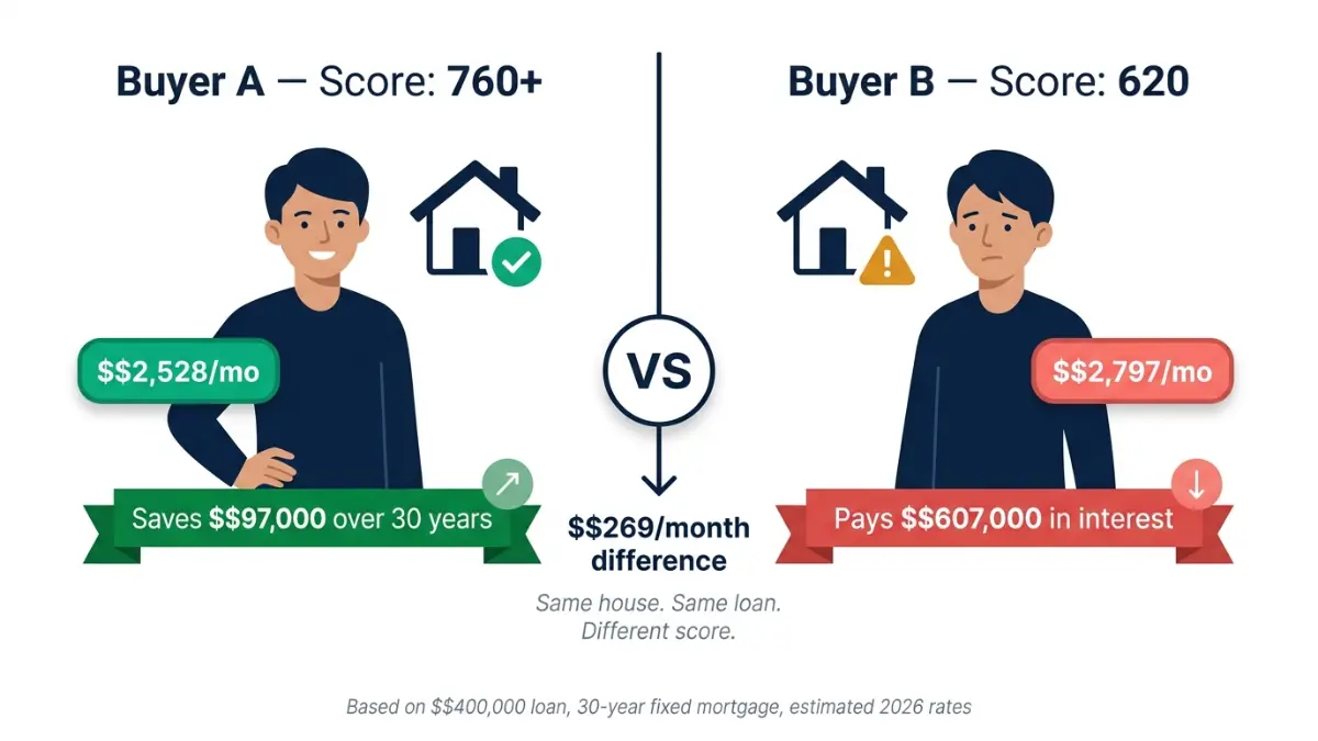 Credit Score impact on mortgage payments comparing 760 vs 620 score with monthly payment difference and total interest cost