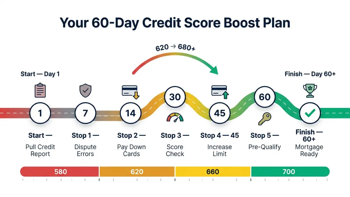 Credit Score improvement plan showing how to go from 620 to 680 in 60 days with steps like paying down cards and disputing errors