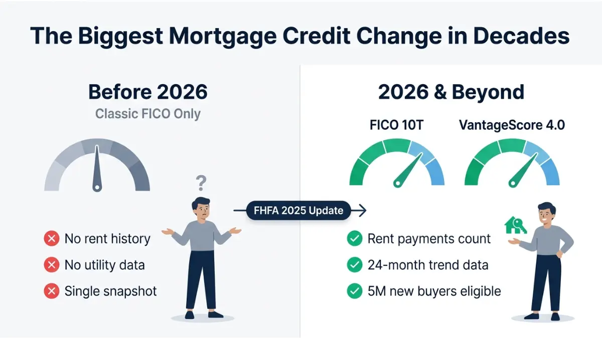 Credit Score changes in 2026 showing FICO 10T and VantageScore 4.0 including rent payments and new mortgage eligibility rules