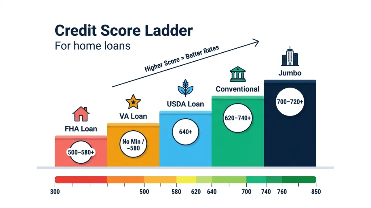 Credit Score requirements by loan type showing FHA 500 to 580, VA no minimum, USDA 640, conventional 620 to 740 and jumbo 700 plus
