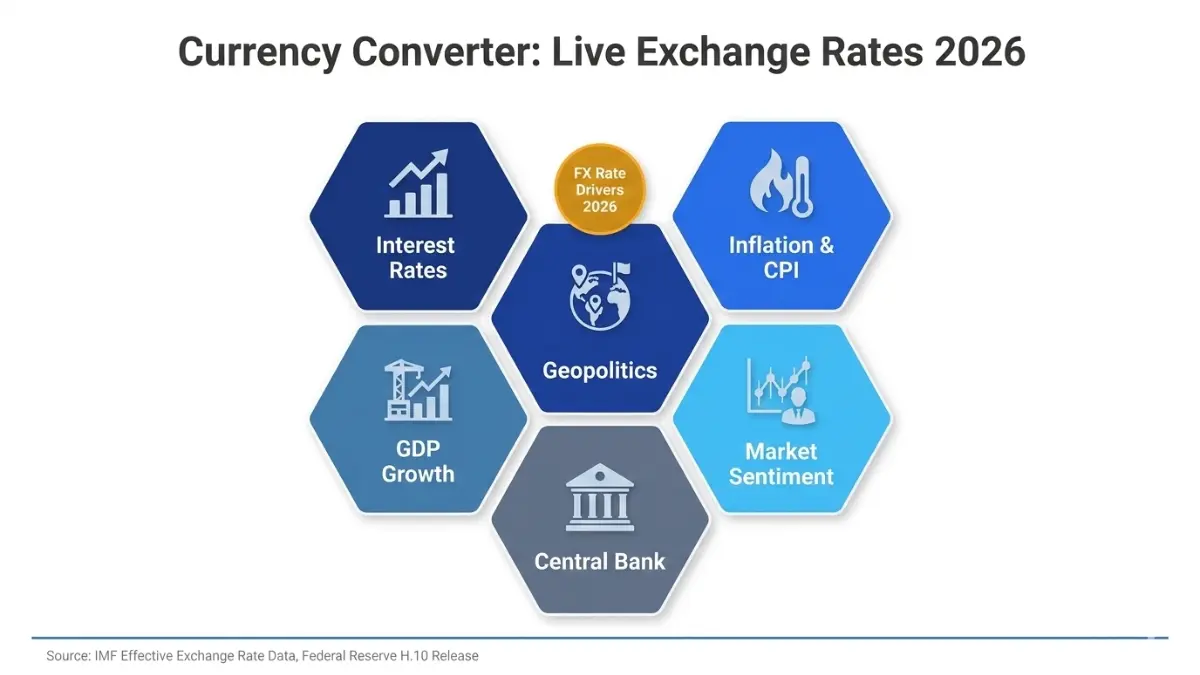 Currency Converter 6 factors affecting exchange rates infographic 2026