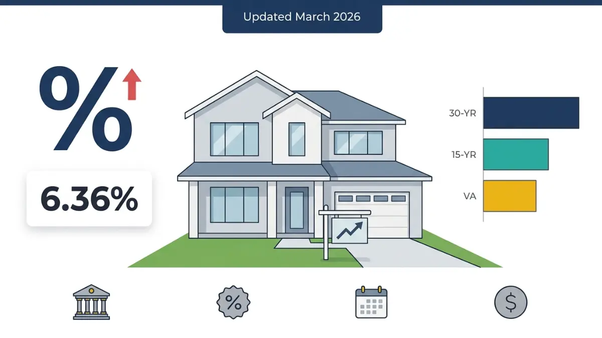 Home Loan Interest Rate overview showing USA housing market with current rates around 6.36 percent March 2026