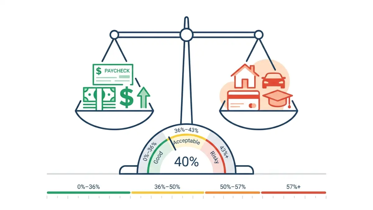 Debt-to-Income Ratio balance scale illustration showing income vs debt comparison for home loan approval