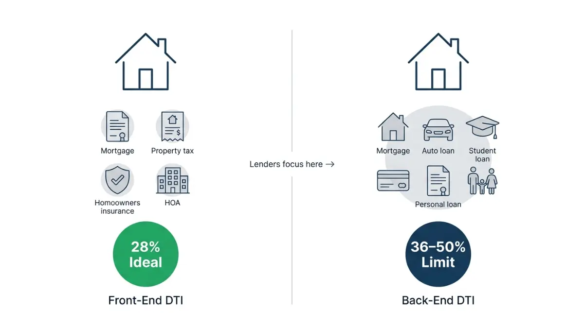 Debt-to-Income Ratio front-end vs back-end comparison showing housing costs and total debt limits