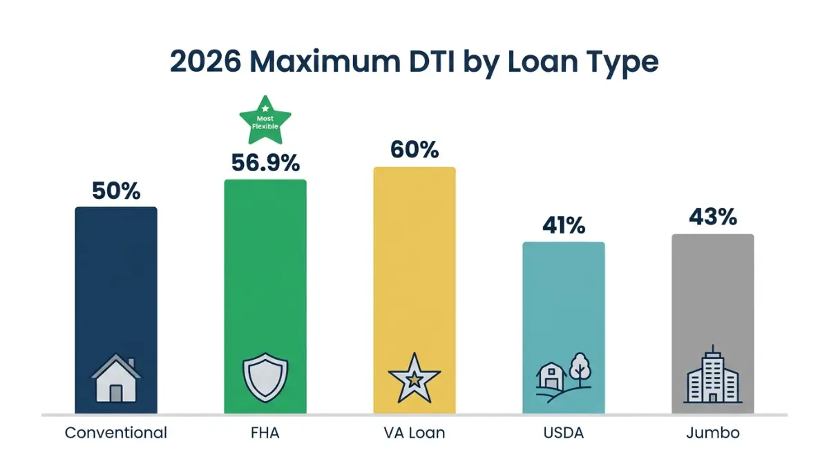 Debt-to-Income Ratio limits by loan type chart showing FHA VA conventional USDA and jumbo mortgage thresholds