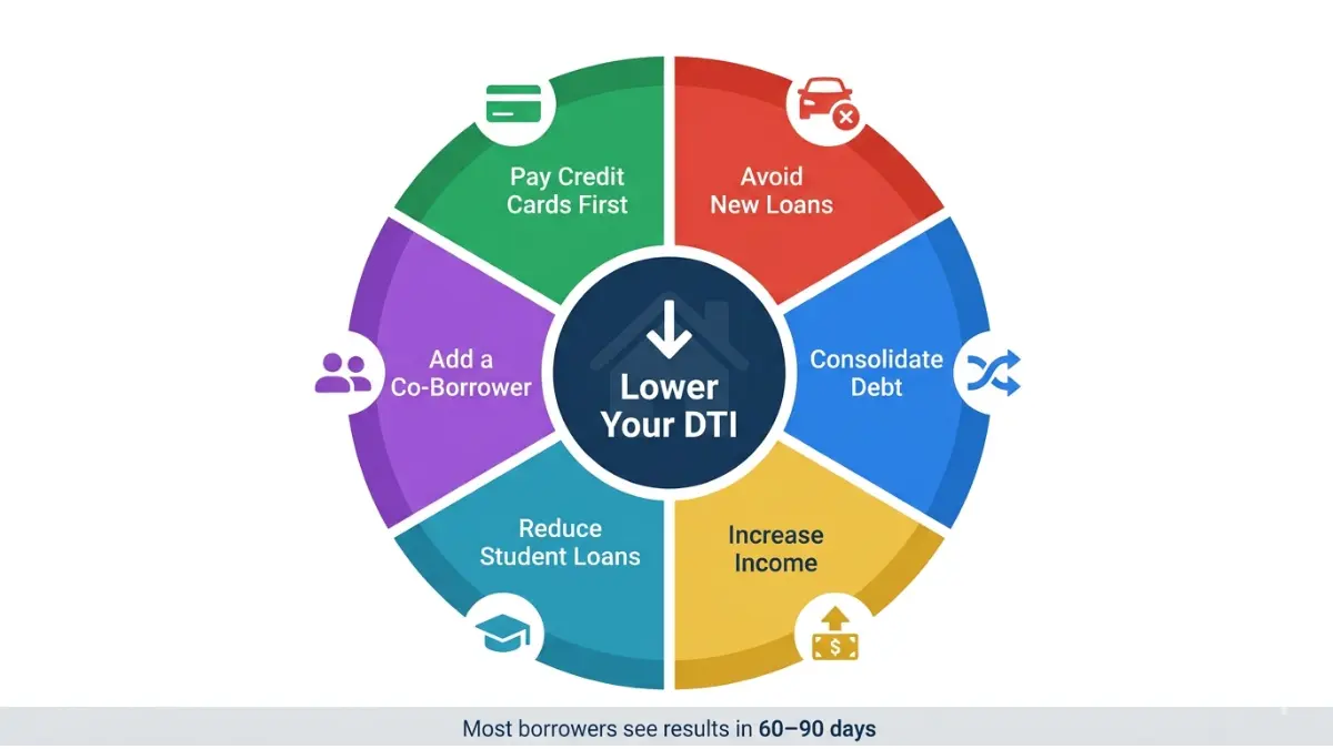 Debt-to-Income Ratio reduction strategies wheel showing ways to lower debt and improve loan eligibility