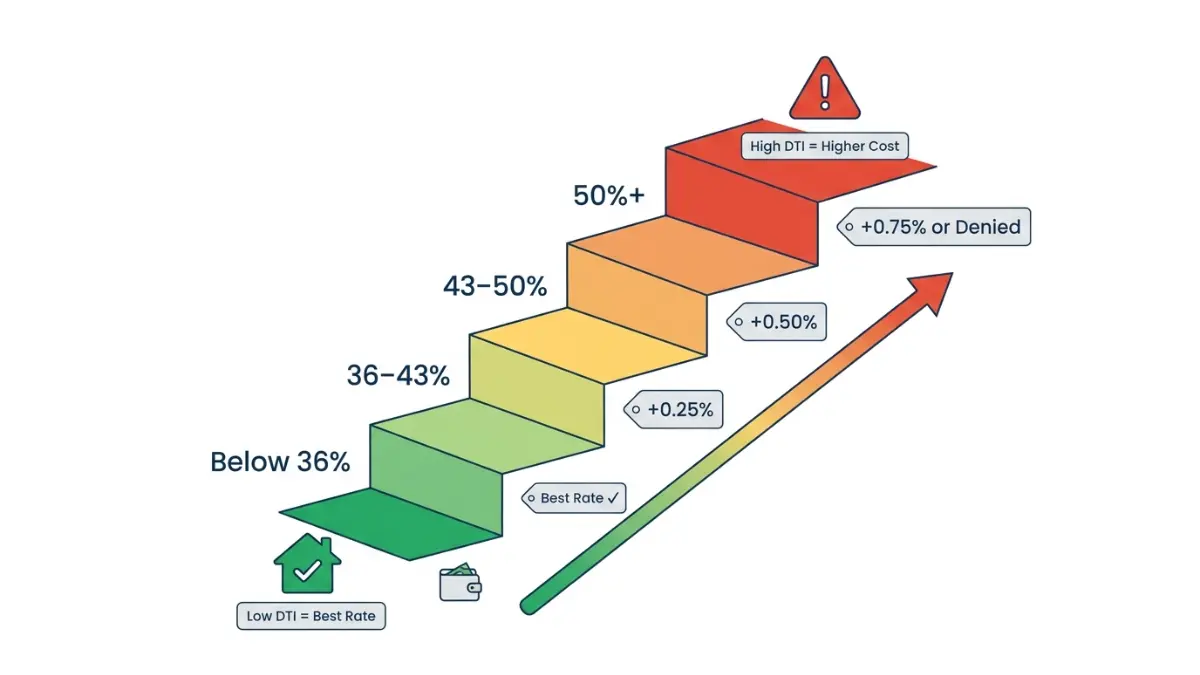 Debt-to-Income Ratio risk ladder showing how higher DTI increases mortgage rates and approval risk