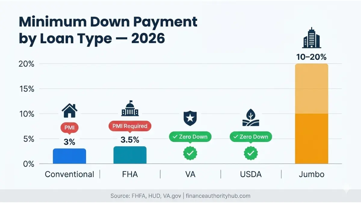 Down Payment Calculator chart comparing minimum down payment requirements for Conventional, FHA, VA, USDA, and Jumbo loans