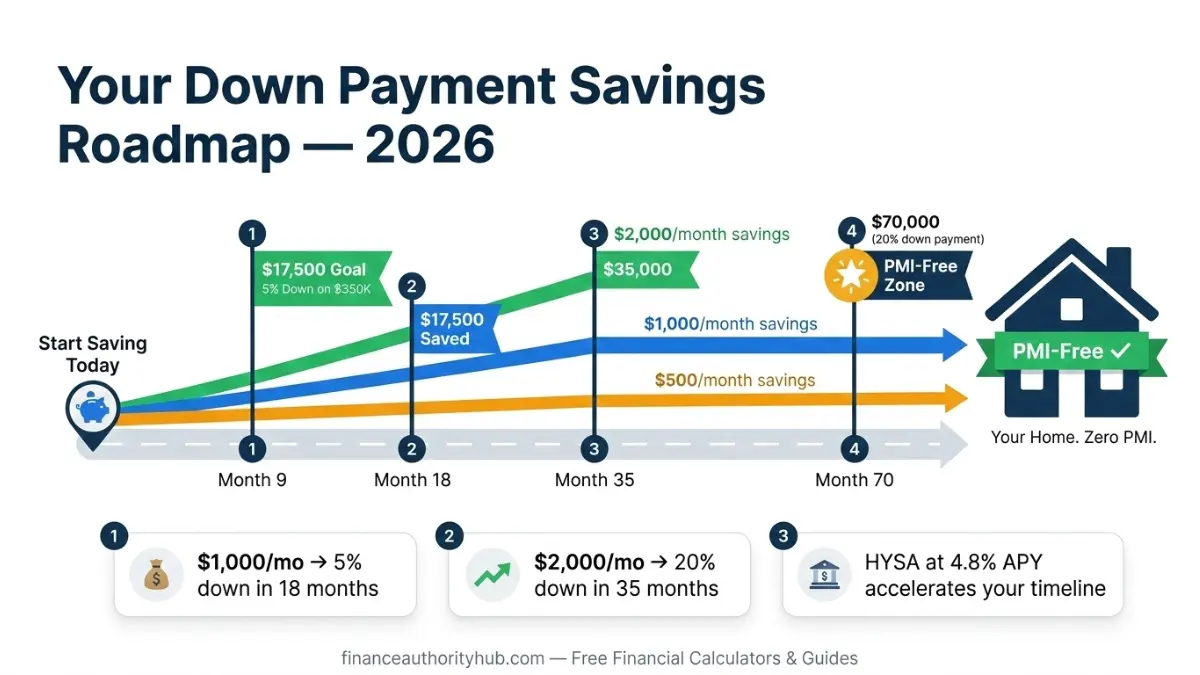Down Payment Calculator savings roadmap showing timeline to reach 5 percent and 20 percent down payment goals