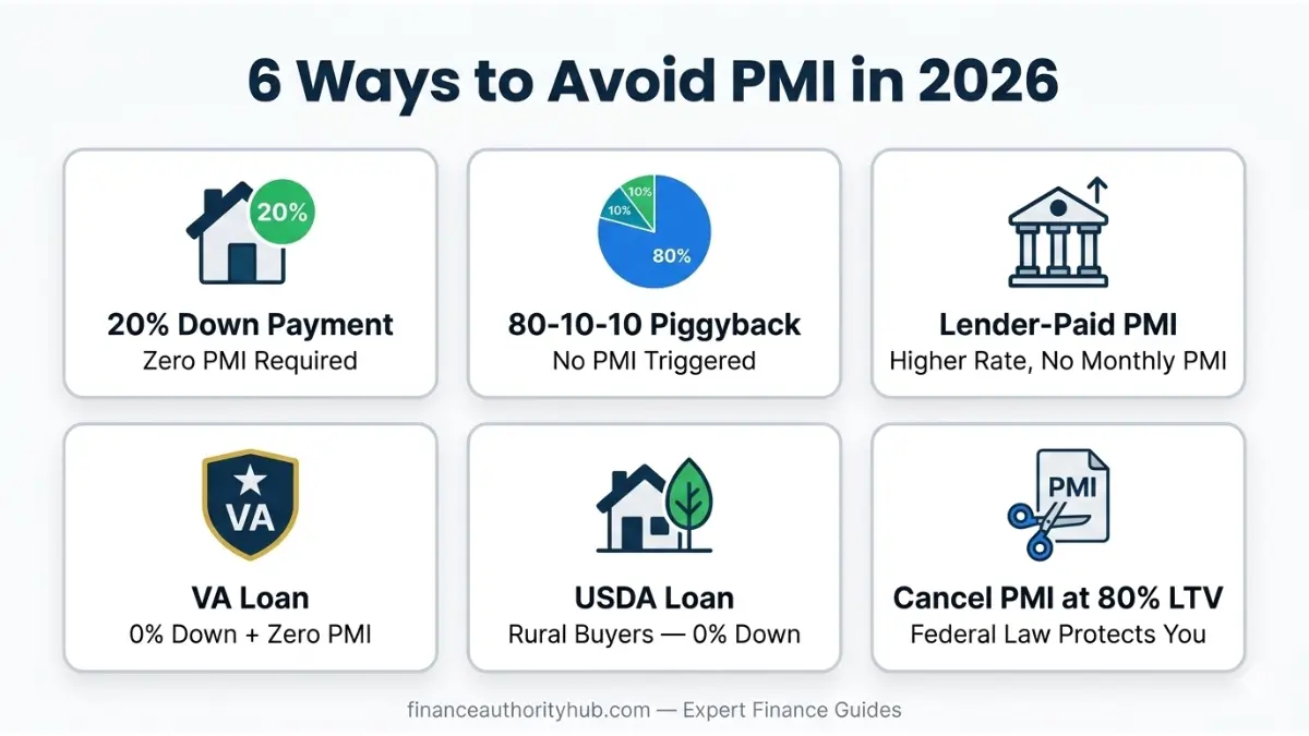 Down Payment Calculator infographic showing six strategies to avoid PMI including 20 percent down payment, VA loan, USDA loan, and piggyback mortgage