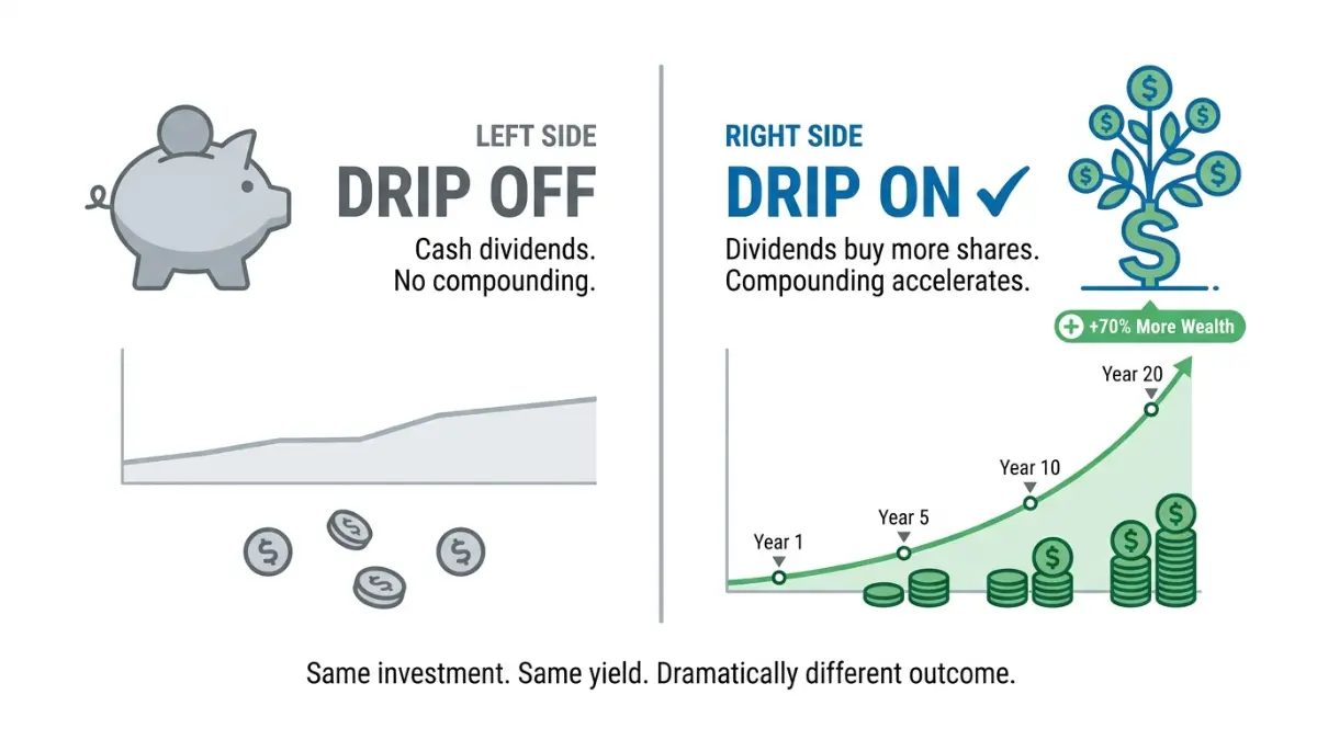 Dividend Calculator comparison showing DRIP vs no DRIP dividend reinvestment and compounding growth for passive income investors