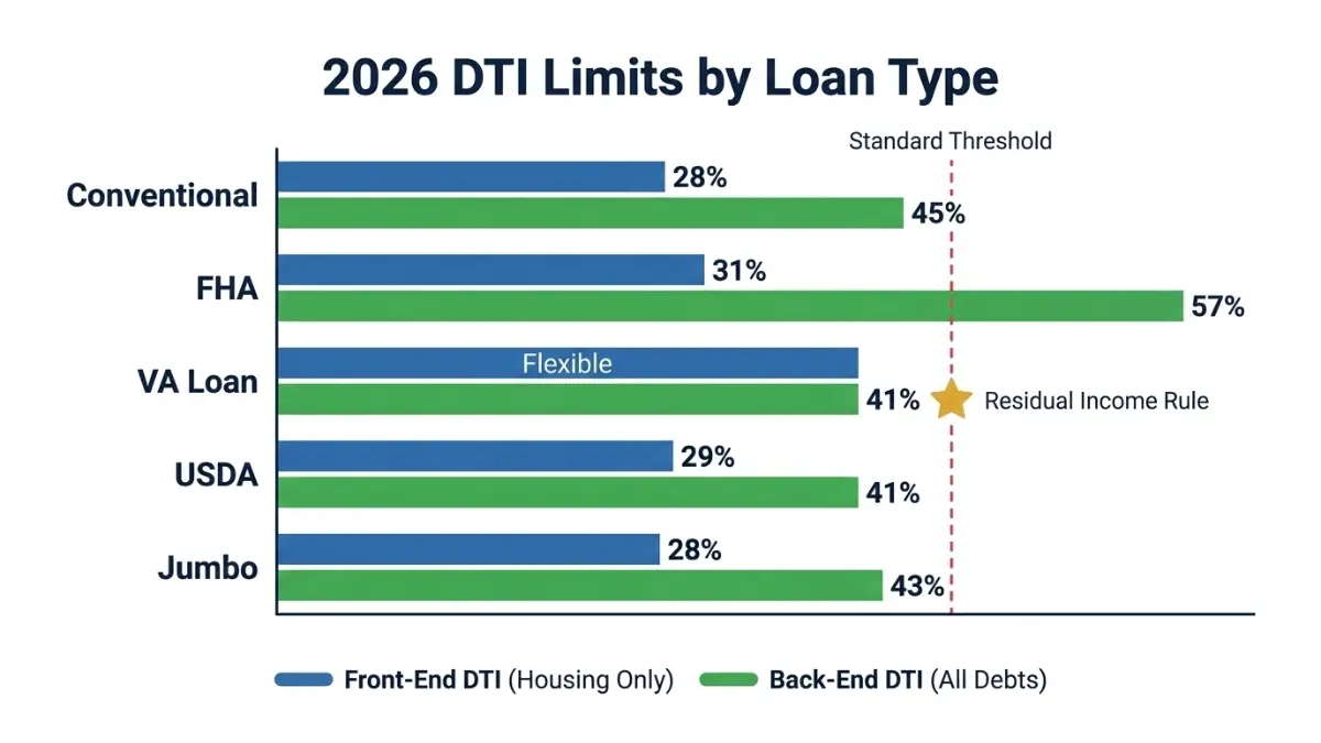 DTI limits by mortgage loan type chart including FHA VA USDA and conventional guidelines using a Debt-to-Income Ratio Calculator