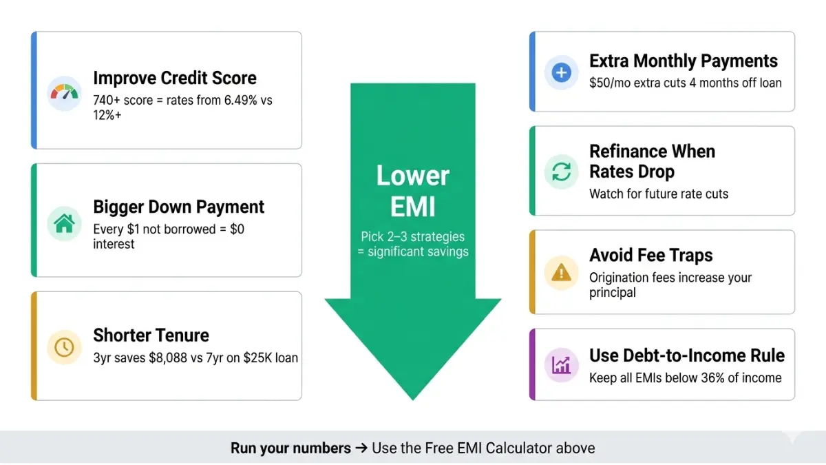 EMI calculator strategies to reduce monthly loan payments infographic