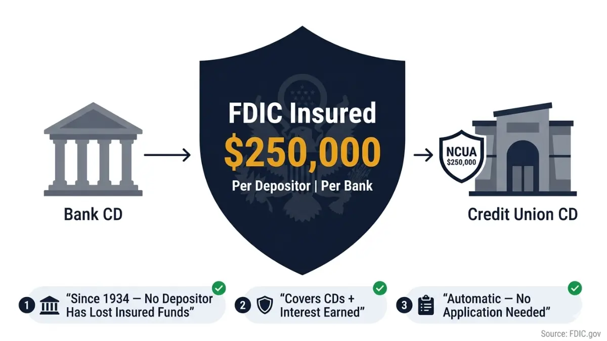 FDIC insured CD deposits protected up to $250000 illustrated for CD Calculator safety explanation