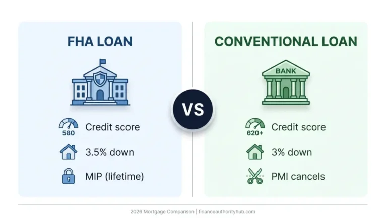 FHA Loan vs Conventional Loan visual comparison showing credit score, down payment, and mortgage insurance differences