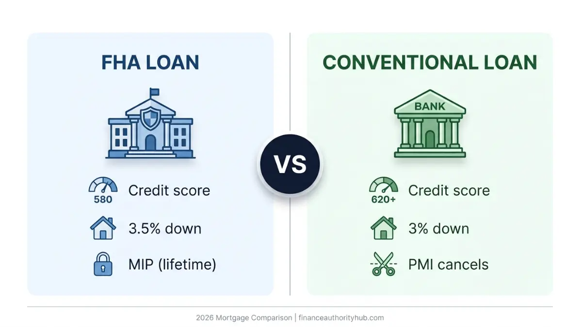FHA Loan vs Conventional Loan visual comparison showing credit score, down payment, and mortgage insurance differences