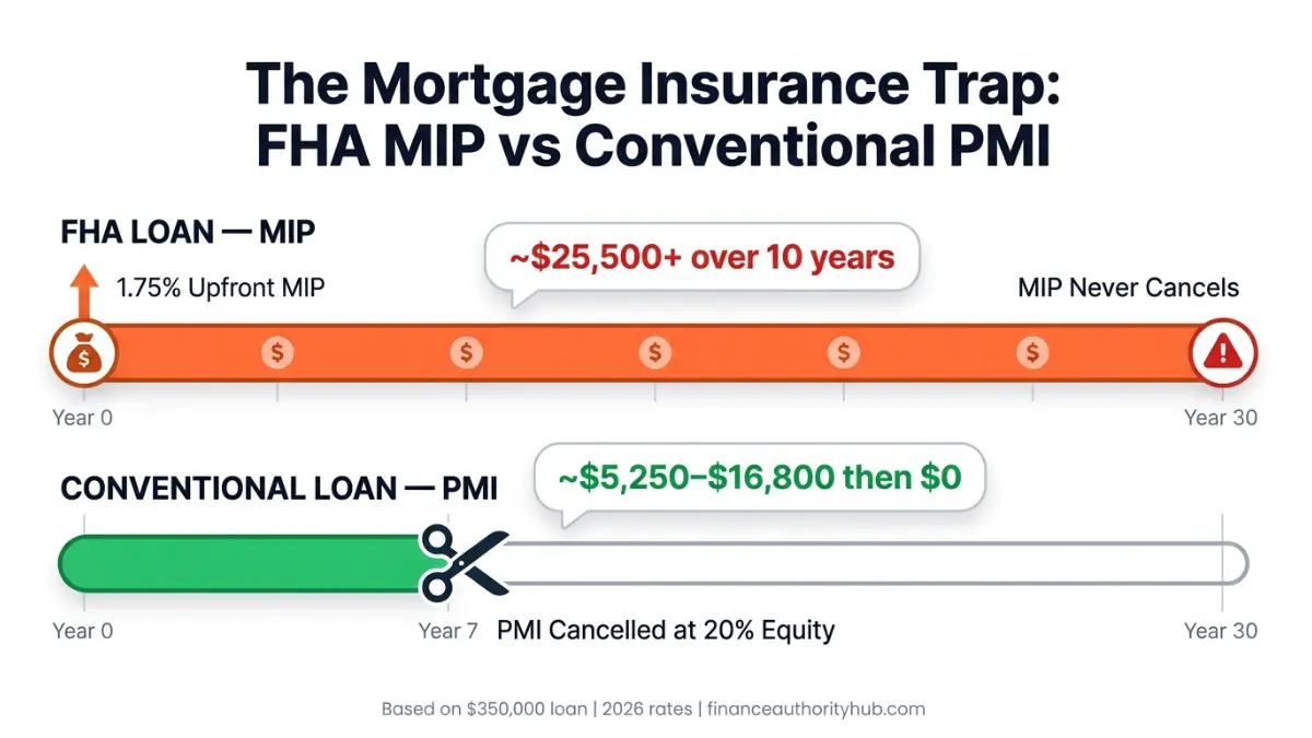 FHA Loan vs Conventional Loan mortgage insurance comparison showing MIP lifetime cost vs PMI cancellation timeline
