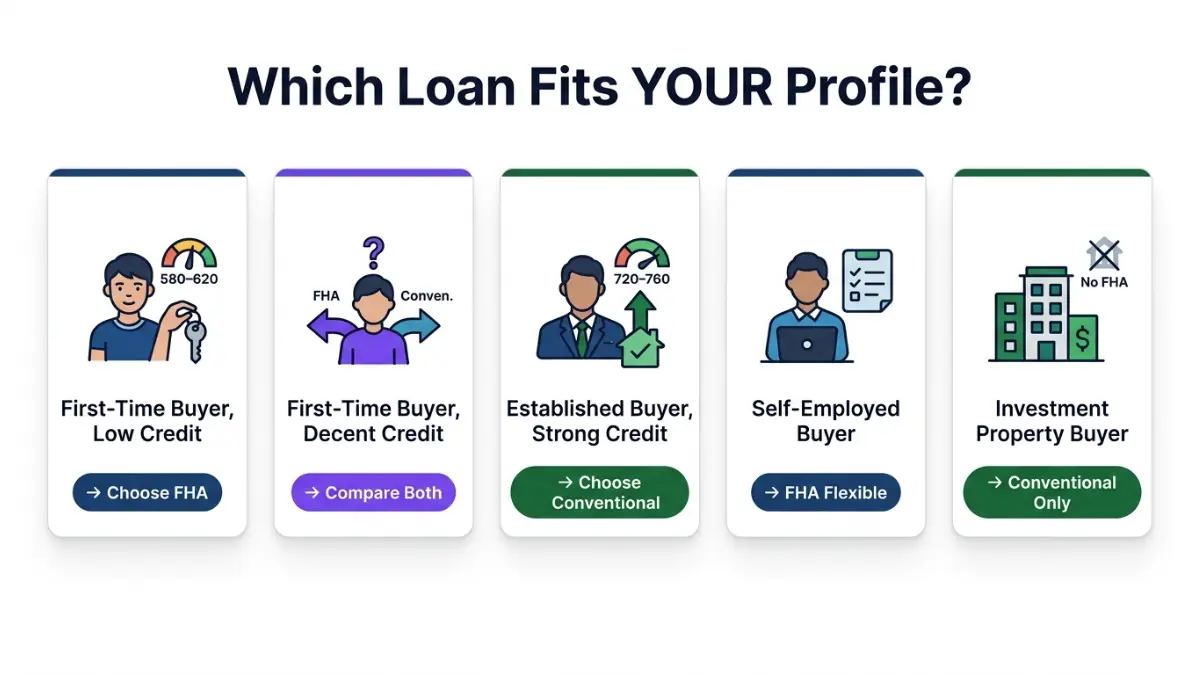FHA Loan vs Conventional Loan guide showing which loan is best for different buyer profiles and credit situations
