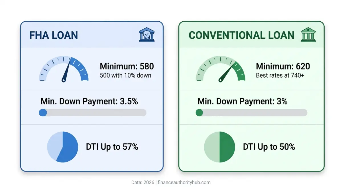 FHA Loan vs Conventional Loan eligibility comparison with credit score, DTI ratio, and down payment requirements