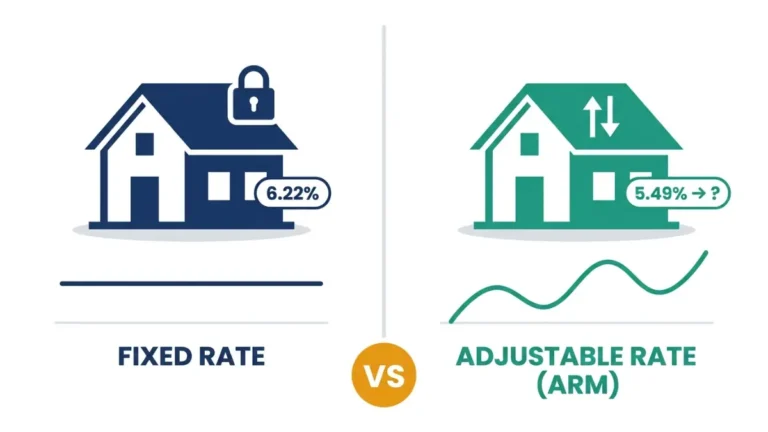 Fixed Rate vs Adjustable Rate Mortgage comparison infographic showing stable vs fluctuating interest rates with house icons
