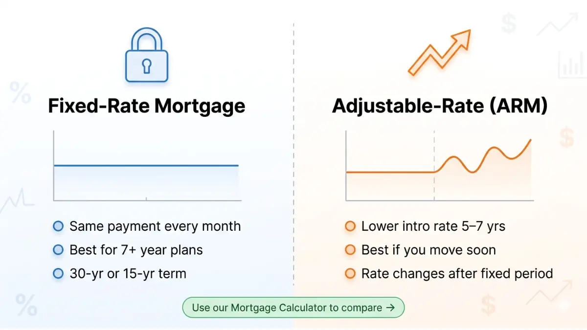 Types of Home Loans fixed vs adjustable rate mortgage comparison ARM vs fixed payments graph