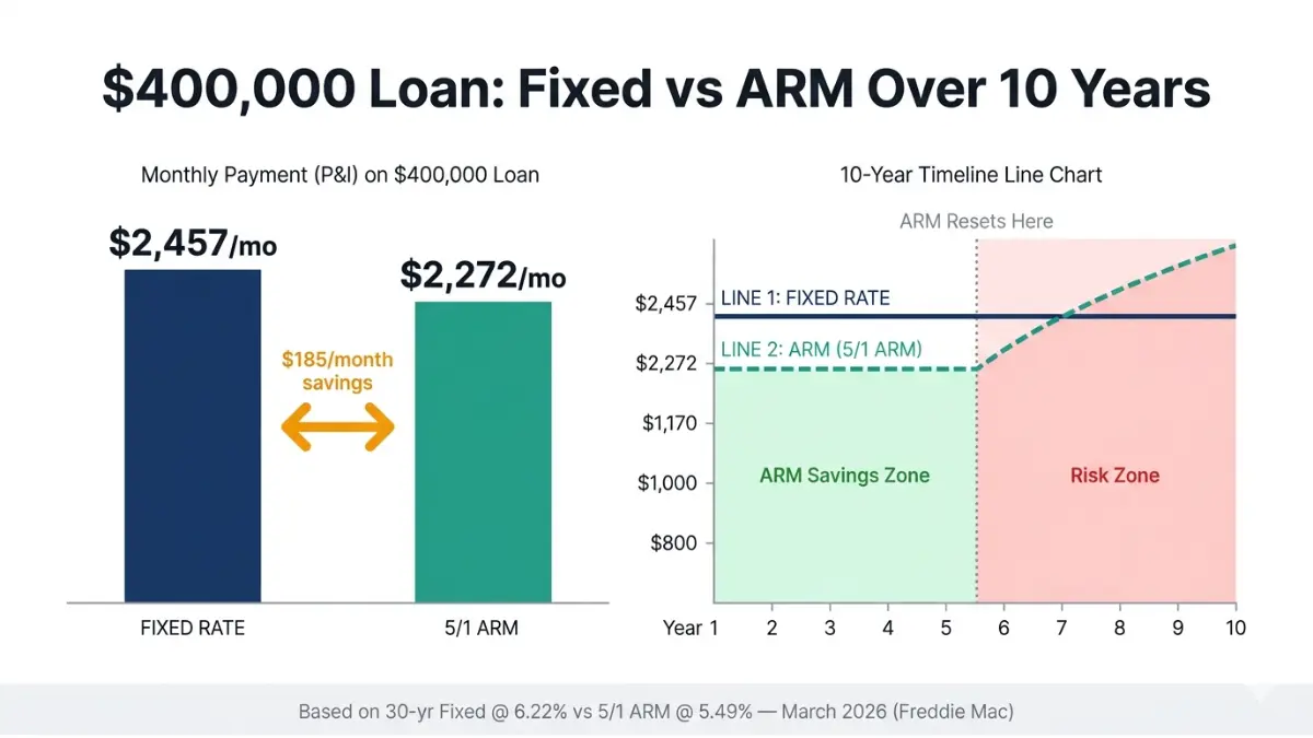 Fixed Rate vs Adjustable Rate Mortgage cost comparison chart showing monthly payment difference and 10 year risk timeline