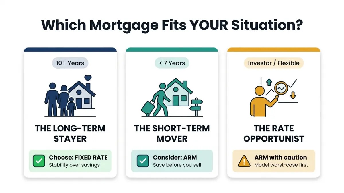 Fixed Rate vs Adjustable Rate Mortgage decision guide showing borrower personas long term stayer short term mover and rate opportunist