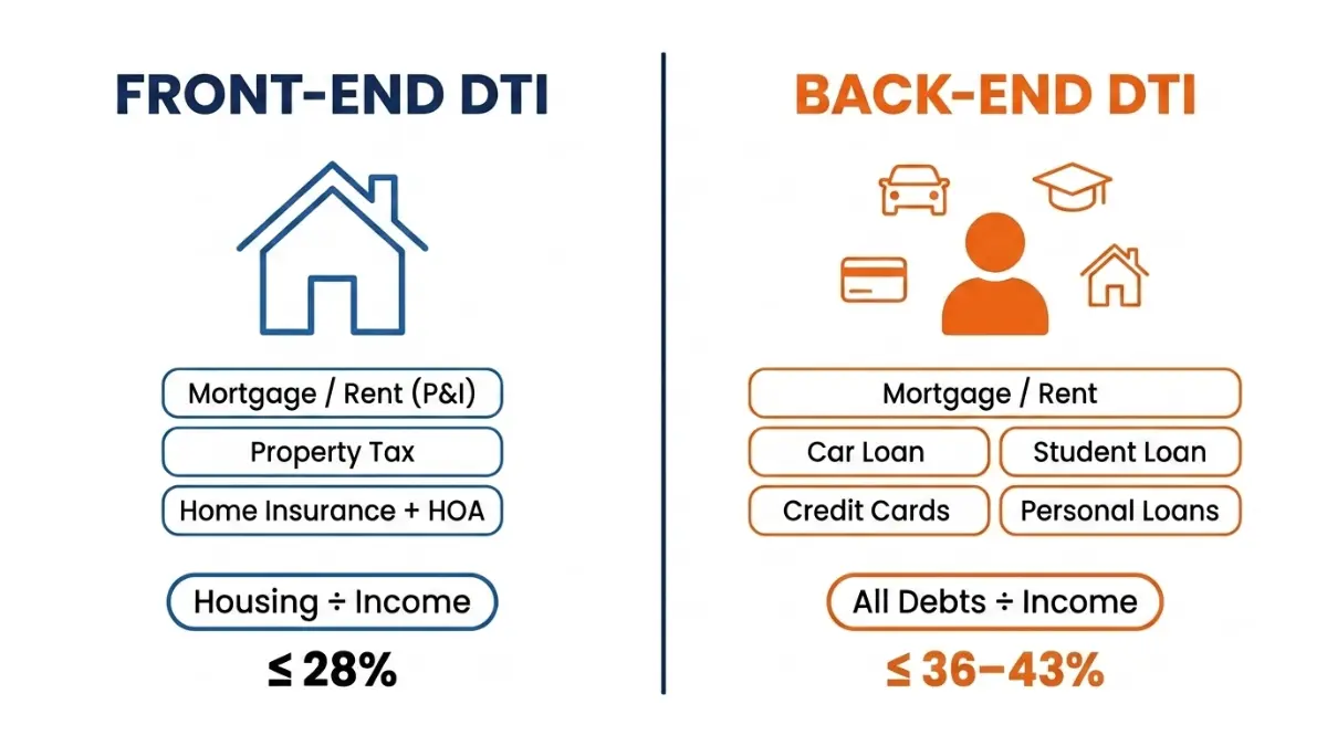 Front-End vs Back-End DTI comparison infographic explaining housing and total debt using a Debt-to-Income Ratio Calculator