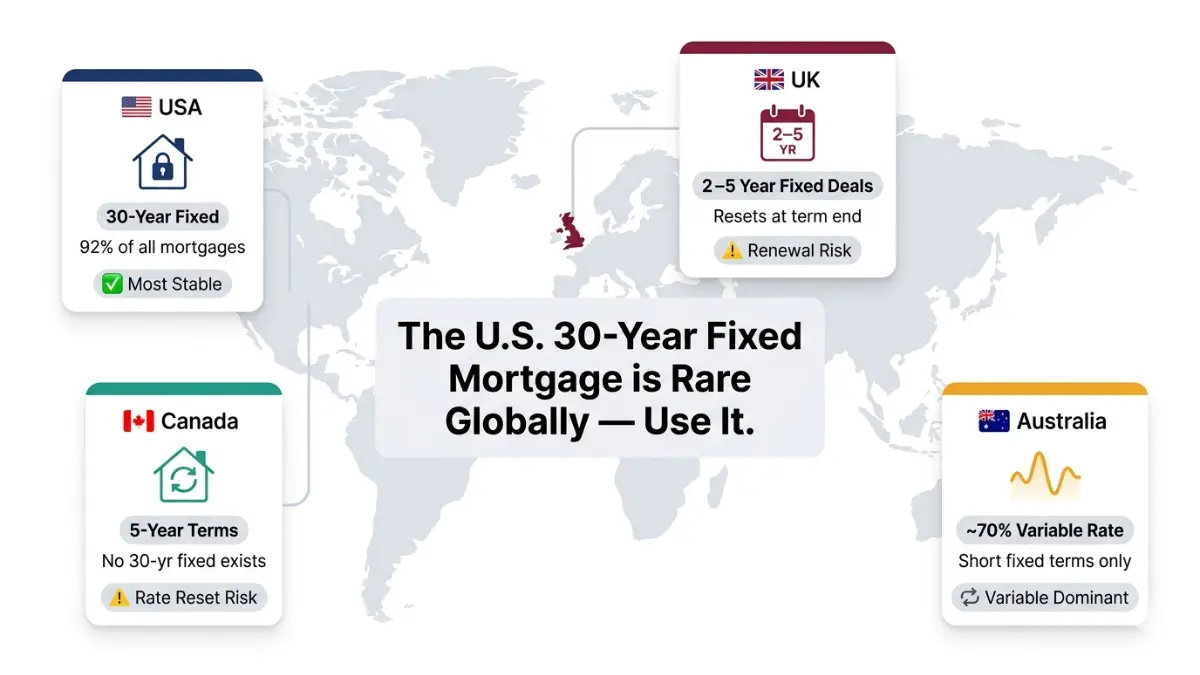 Fixed Rate vs Adjustable Rate Mortgage global comparison map showing USA UK Canada and Australia mortgage systems
