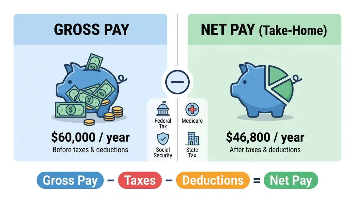 Salary Calculator infographic showing gross pay vs net pay with taxes and deductions example