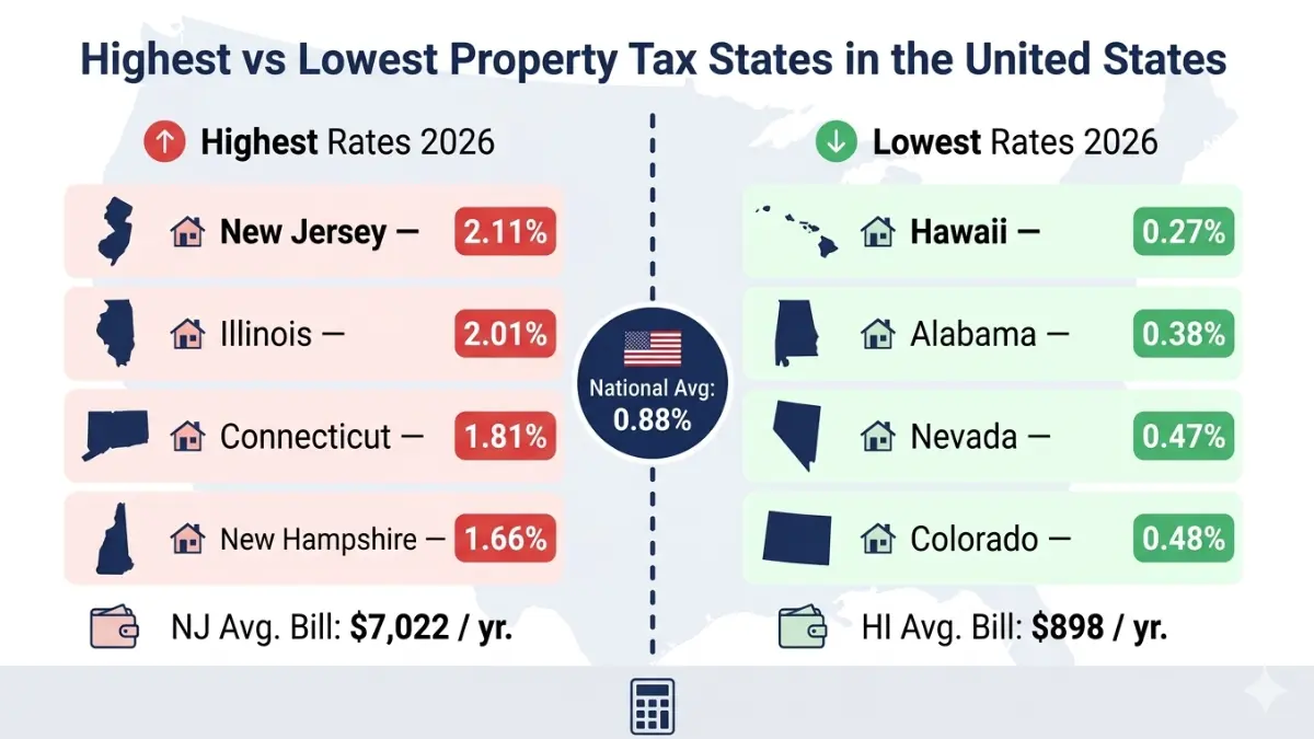 Property Tax Calculator comparison showing highest and lowest property tax states in the United States for 2026